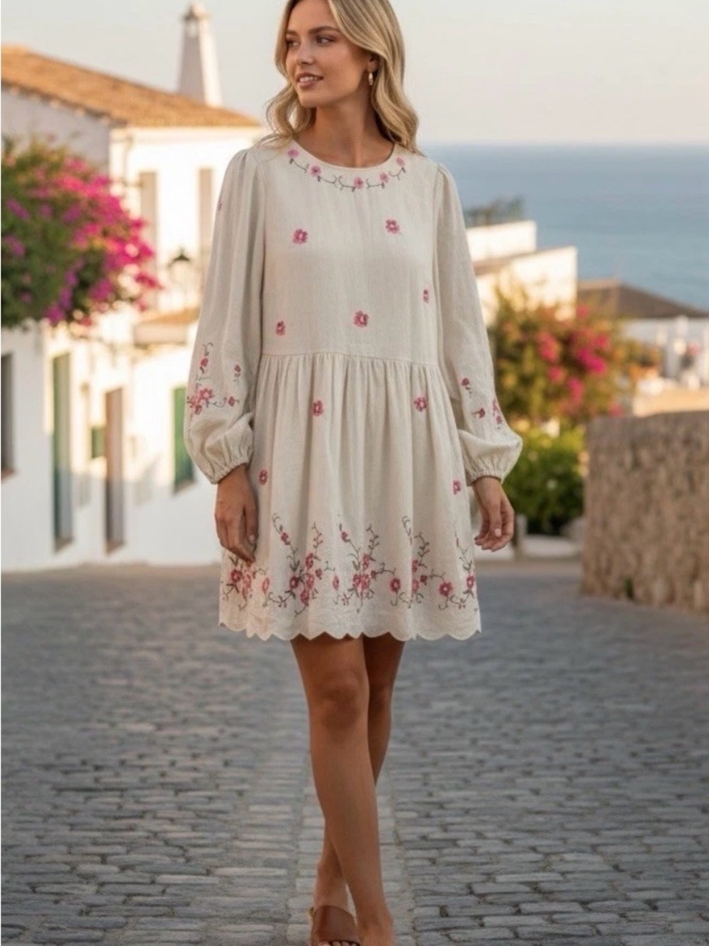 Caroline Constas Cream Mini Dress with Pink Floral Embroidery Size Medium NWT